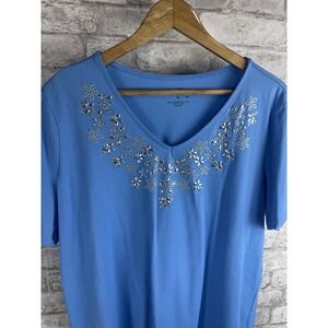Coral Bay XL Knit Popover Tee‎ T-Shirt Top Blue With Silver Rhinestone V Neck